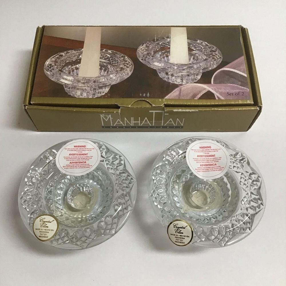 Crystal Candle Holders SET OF 2 Manhattan Moonlight 3-Way Votive Taper Tea Light